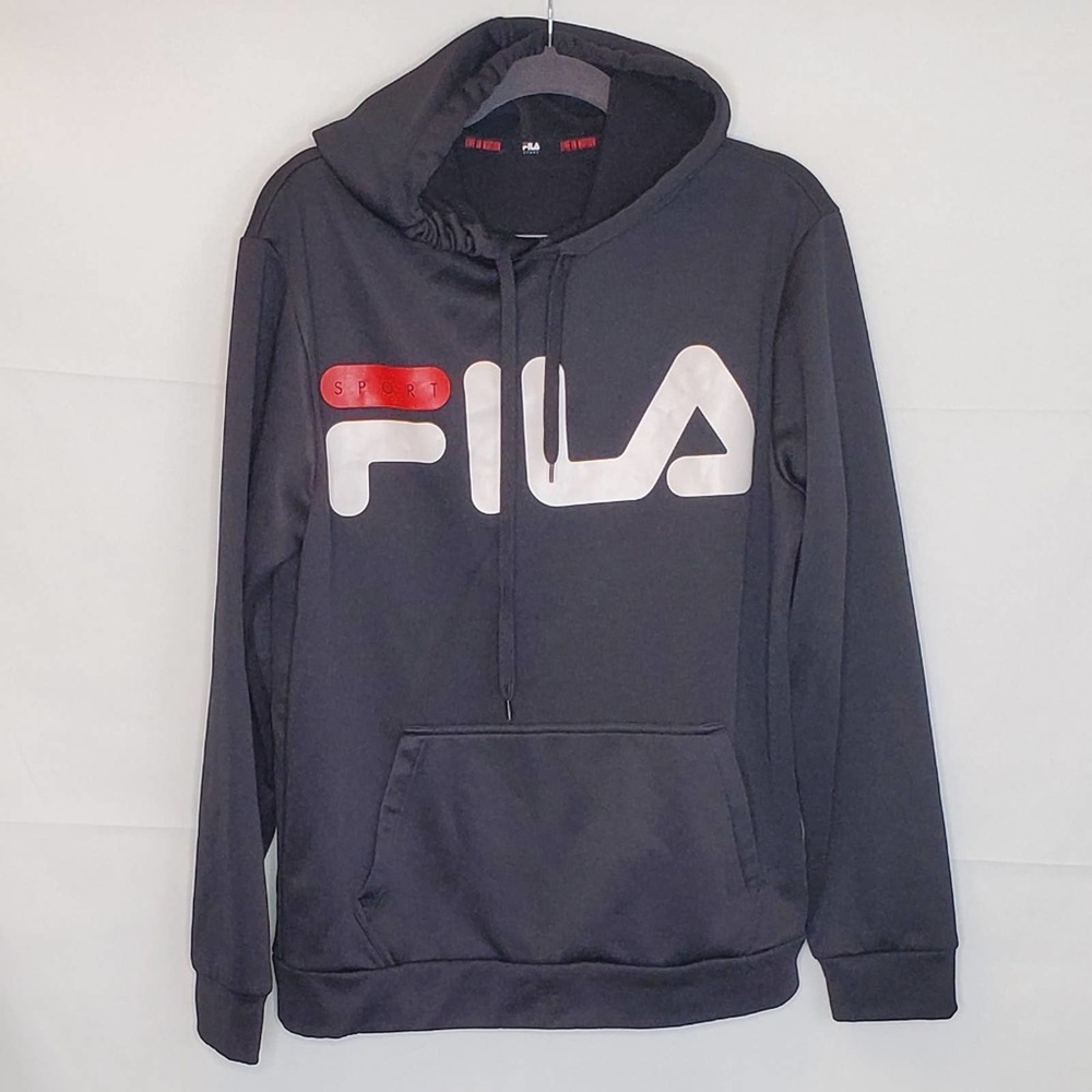 EUC! FILA Hooded Black Sweatshirt with FILA Print Est. Size Large